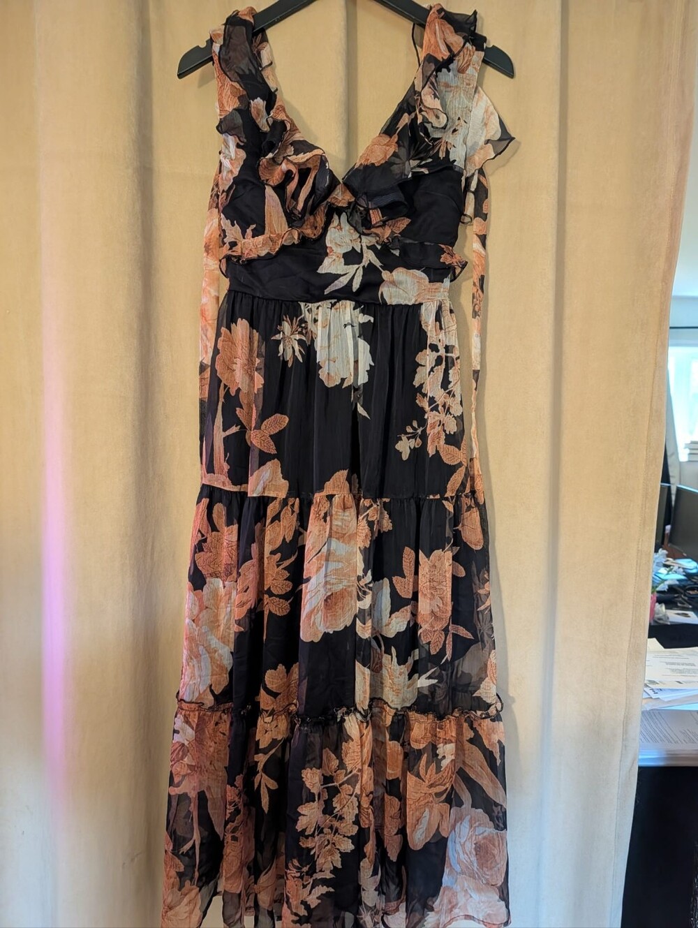 Two Sisters The Label Black Peach Floral Chiffon Ruffle Tiered Maxi Dress US 6